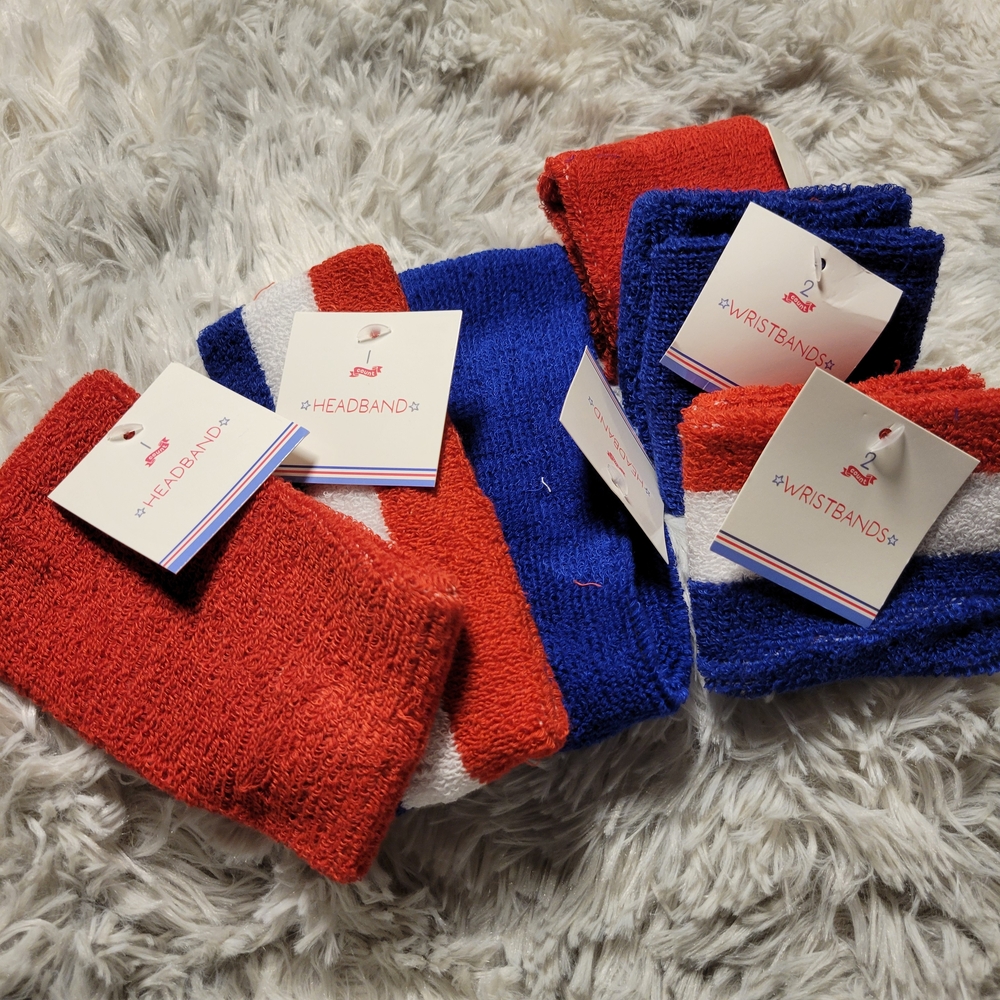 3 Red White Blue Headbands + 3 Pairs Wristbands Set – Retro Sports Style (A003)
